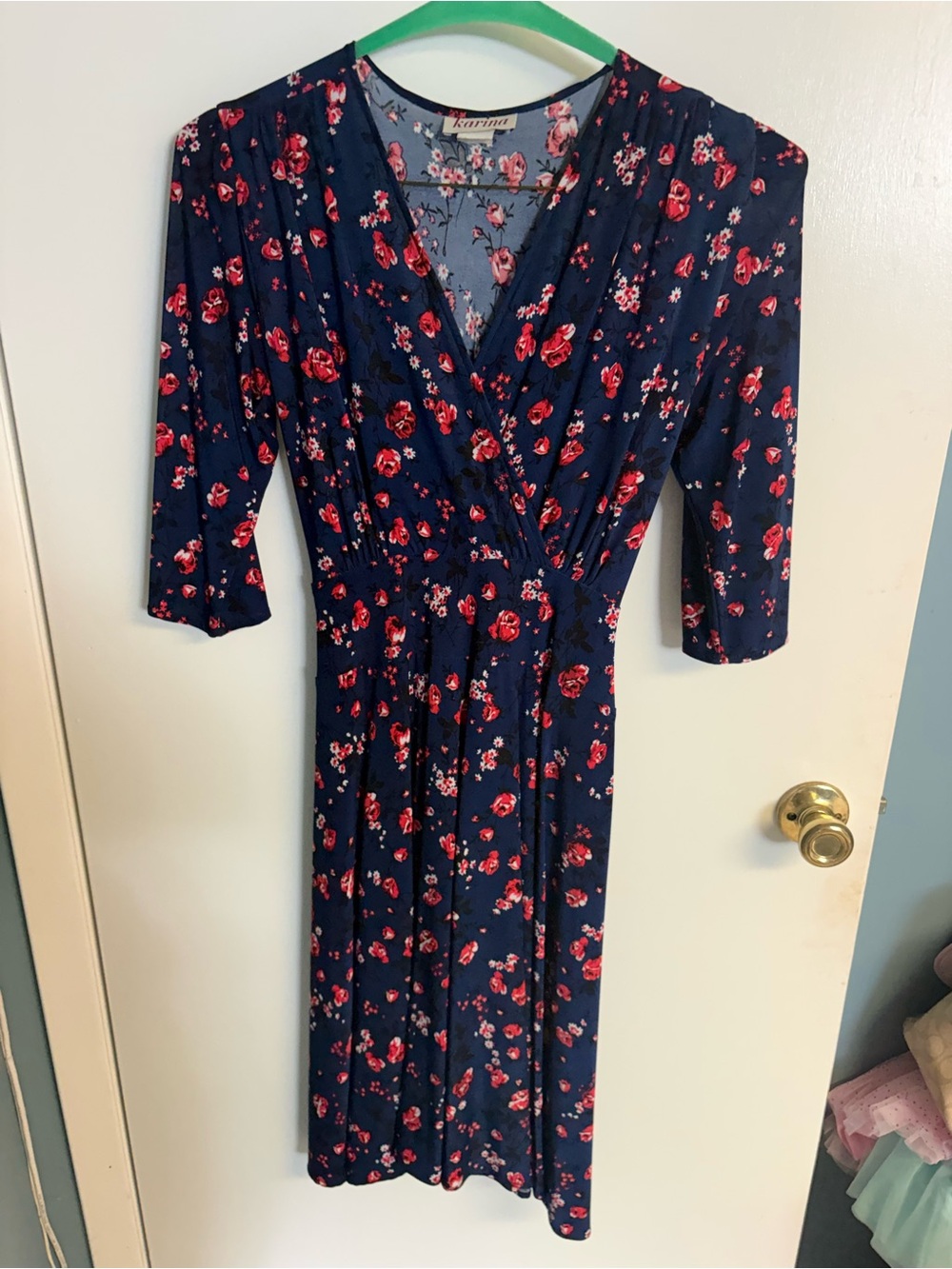 Navy Floral Wrap Midi Dress with Red Rose Print